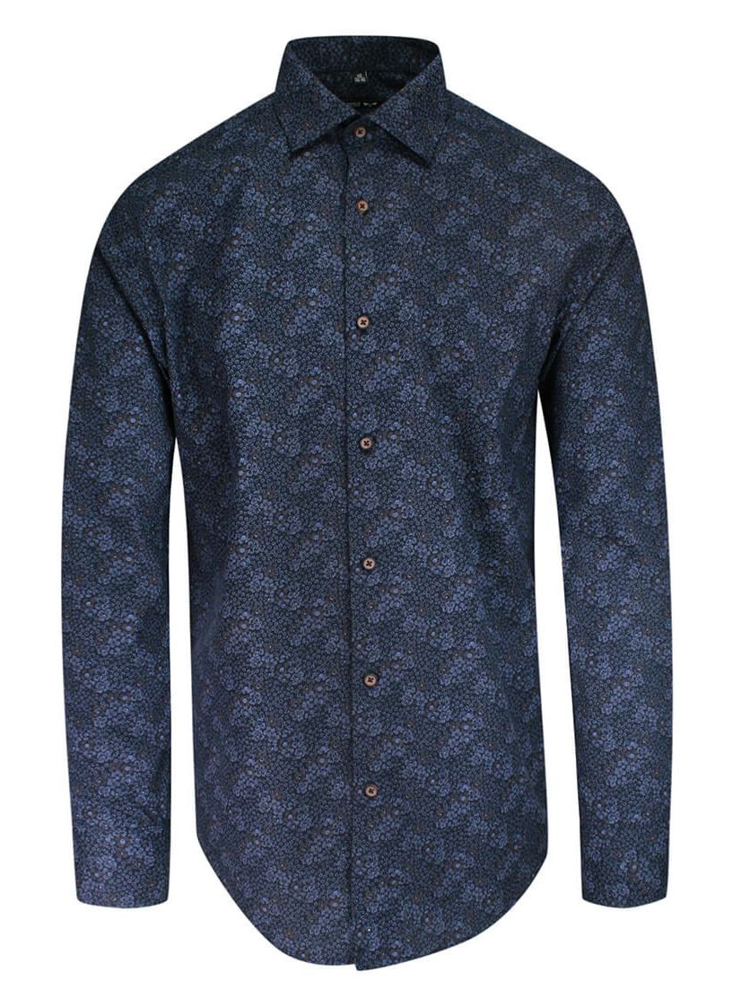 Koszula Taliowana, Granatowo-Brązowa w Kwiatki, Długi Rękaw, Męska -GRZEGORZ MODA MĘSKA