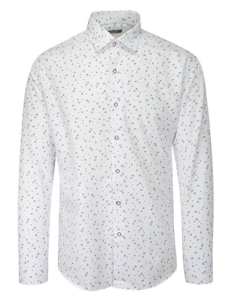 Koszula Biała w Granatowo-Czerwone Gwiazdki, Taliowana, Długi Rękaw, Męska -GRZEGORZ MODA MĘSKA