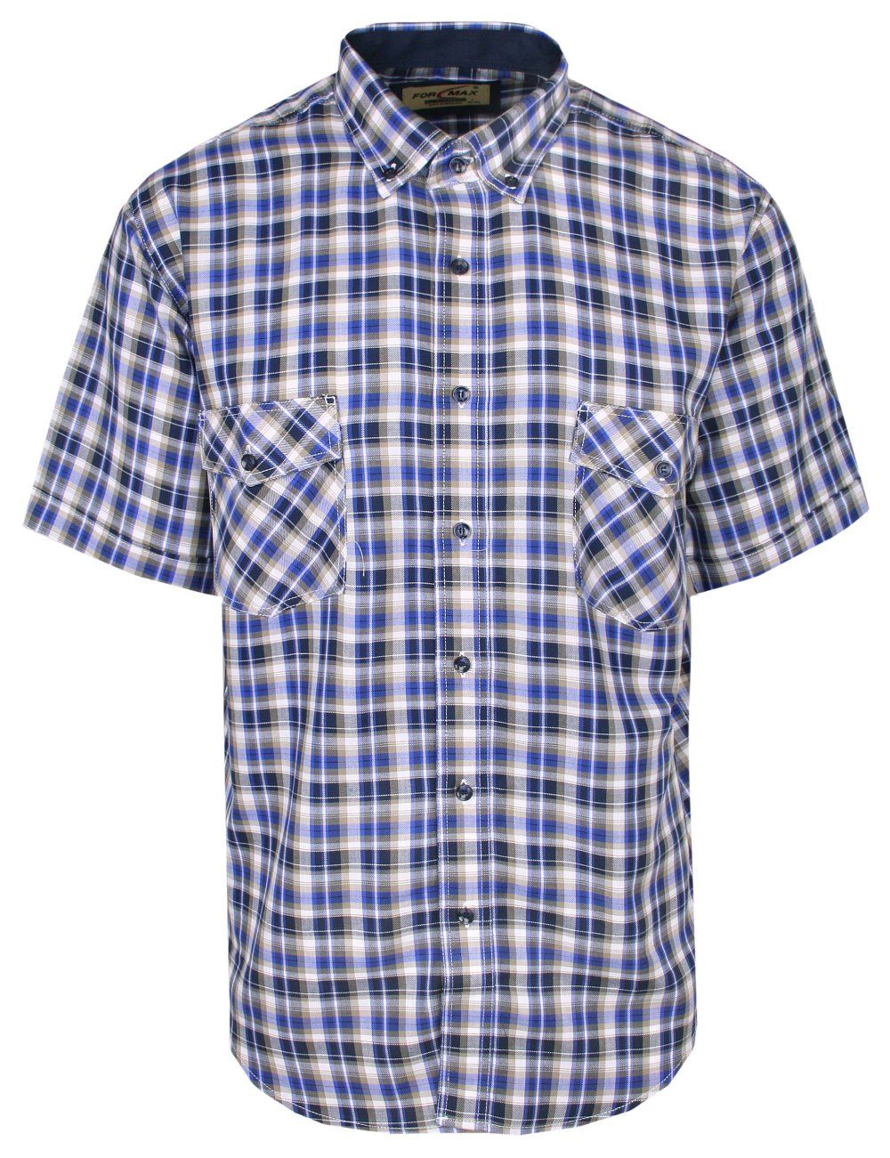 Koszula Bawełniana, Granatowo-Szara Casualowa z Krótkim Rękawem, z Kieszonkami, w Kratkę -FORMAX