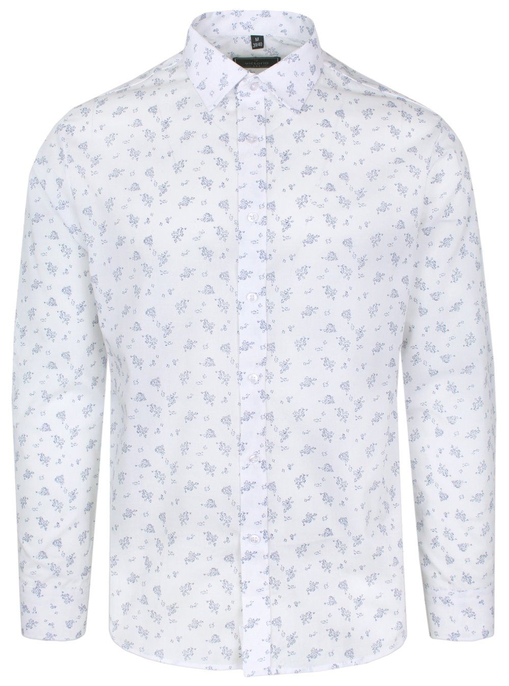 Koszula Wizytowa, Długi Rękaw, Biel w Drobne Kwiatki, Taliowana, SLIM -Victorio