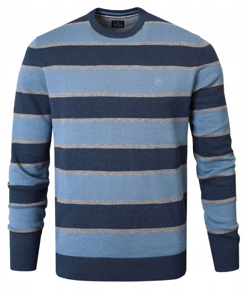 Bawełniany Sweter Męski, Okrągły Dekolt - Pako Jeans - Niebieski i Granat, Pasy