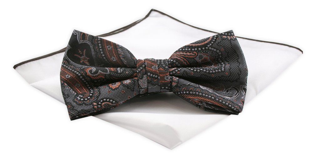 Mucha CHATTIER z Białą Poszetką - Stalowo Brązowa, Duży Wzór