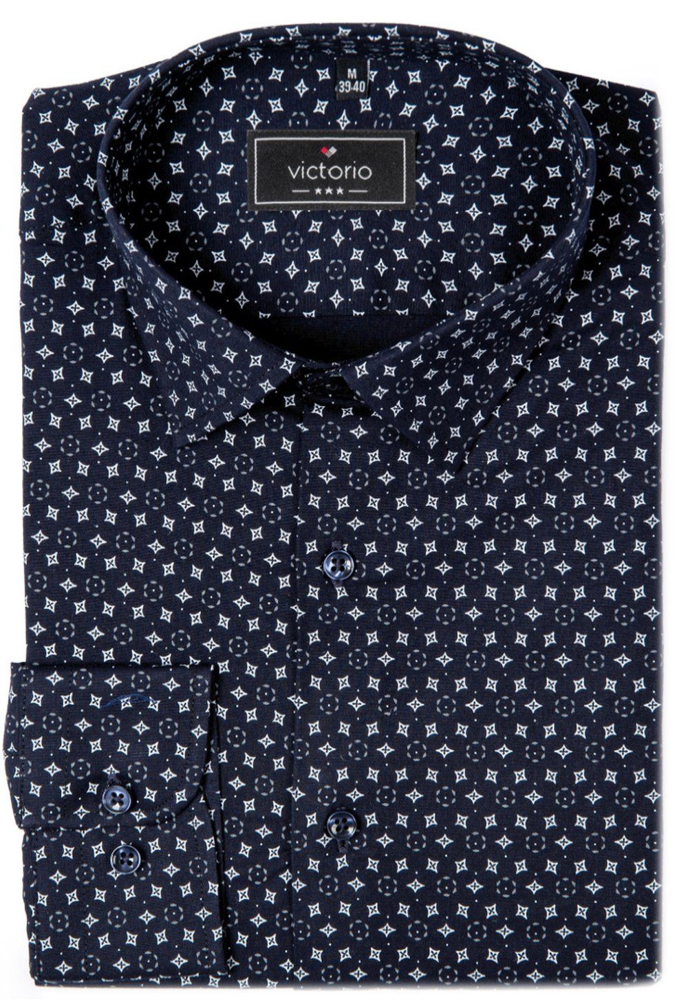 Elegancka Koszula o Prostym Kroju - Victorio - Granat w Drobny Wzór