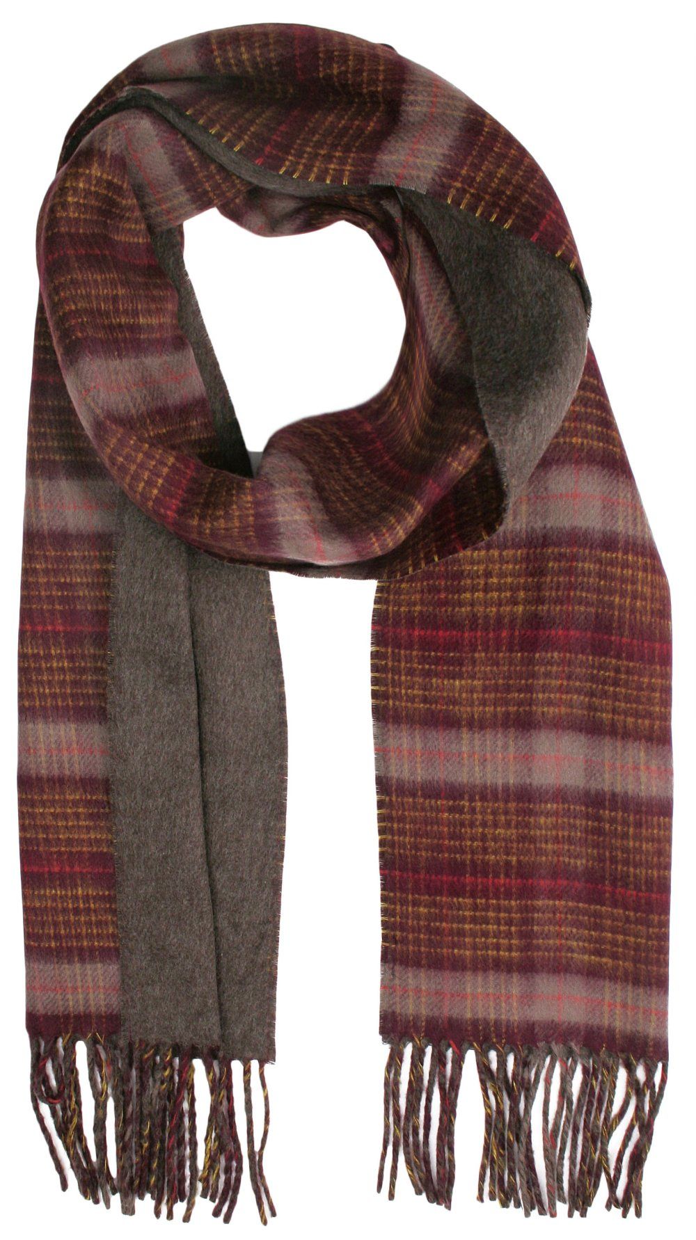 Szalik z Frędzlami, Bordowo-Żółty Miękki w Kratkę, Firmy V.Fraas -Cashmink