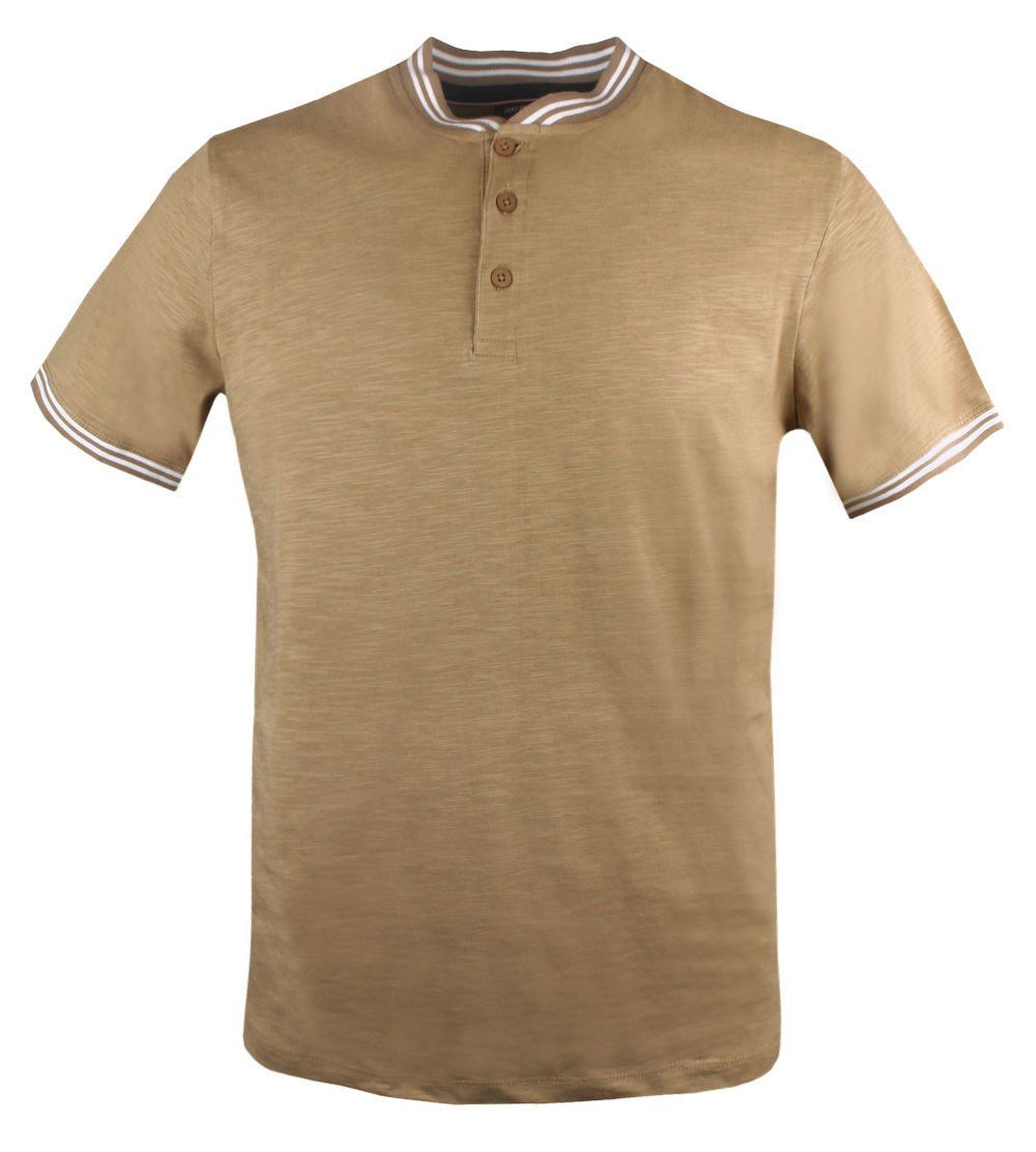 Męski T-Shirt, Dekolt z Guzikami - Pako Jeans - Kolor Beżowy