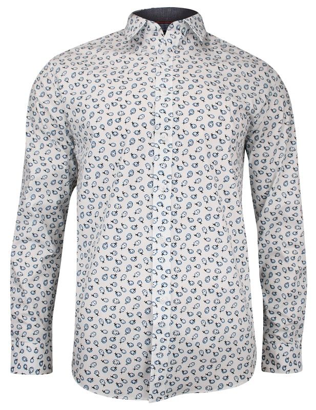 Biała Weekendowa Koszula w Niebieskie Biedronki z Długim Rękawem -BRAVE SOUL- Delikatnie Taliowana,