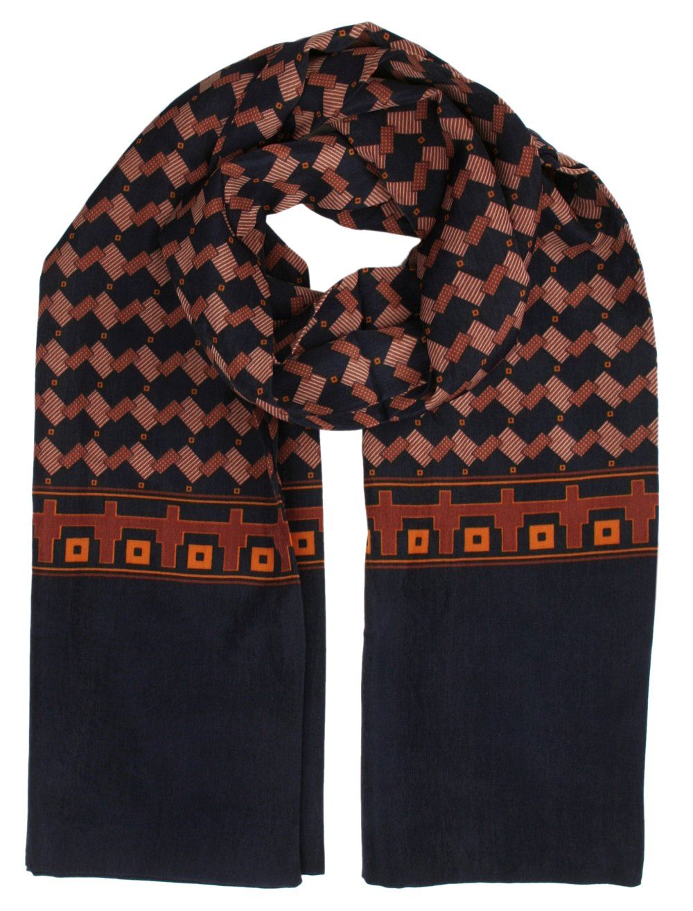 Męski Szalik Elegancki Miękki, Dwustronny, Śliski - ALTIES - Granatowy w Miedziany Wzór