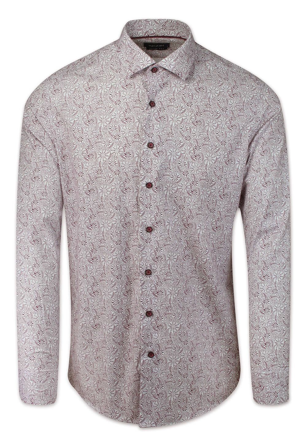 Koszula Męska, Bordowa w Drobny Wzór w Kwiatki, Długi Rękaw, Slim Fit -RIGON