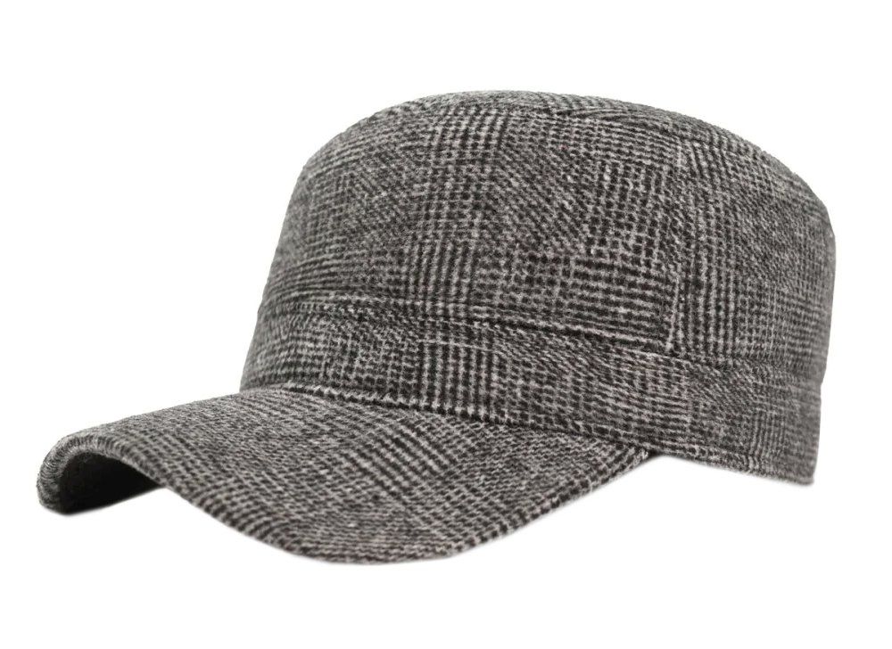 Czapka z Daszkiem Jesienno-Zimowa, Jasna Szara w Drobny Wzór, Patrolówka z Nausznikami -Pako Jeans