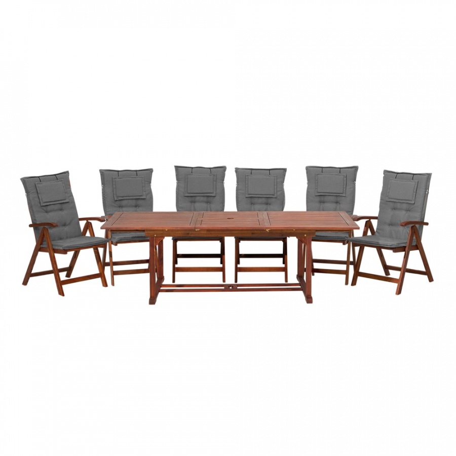 Zestaw ogrodowy drewniany stół i 6 krzeseł z szarymi poduszkami TOSCANA