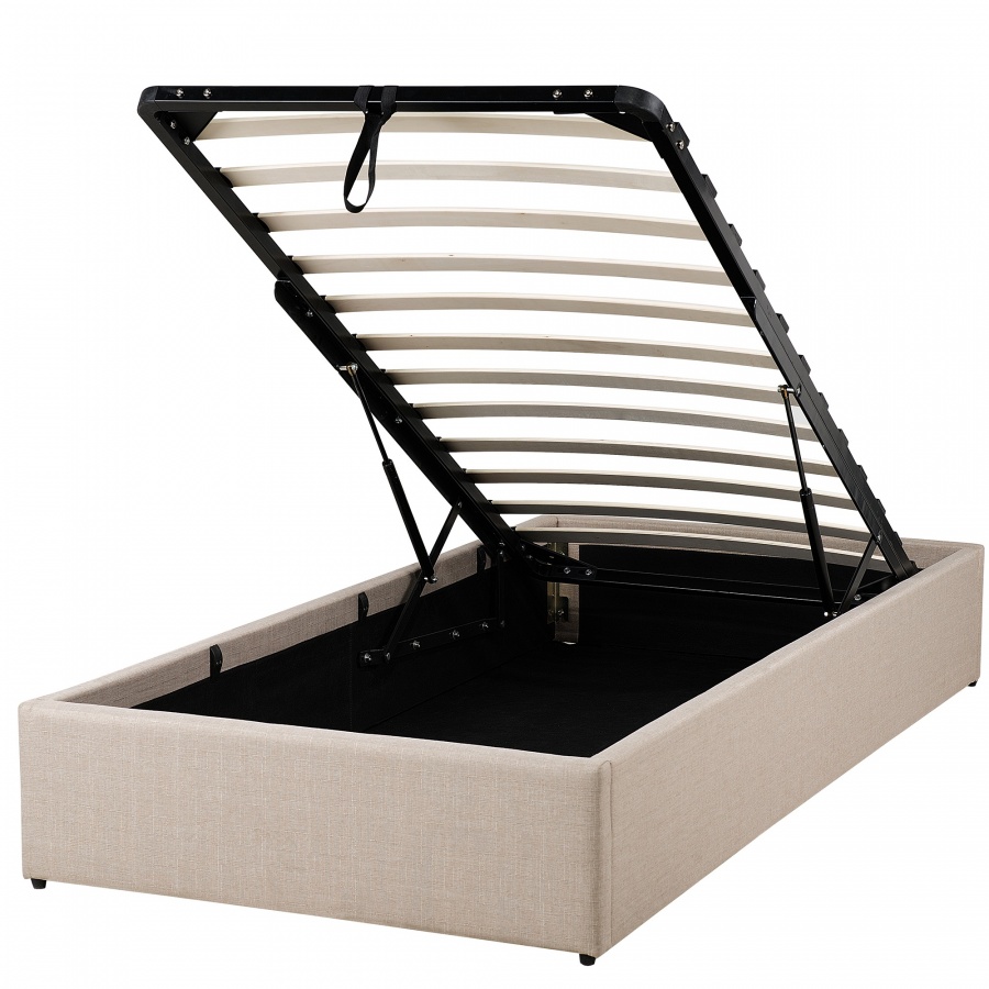 Łóżko beżowe tapicerowane podnoszony pojemnik 90 x 200 cm DINAN
