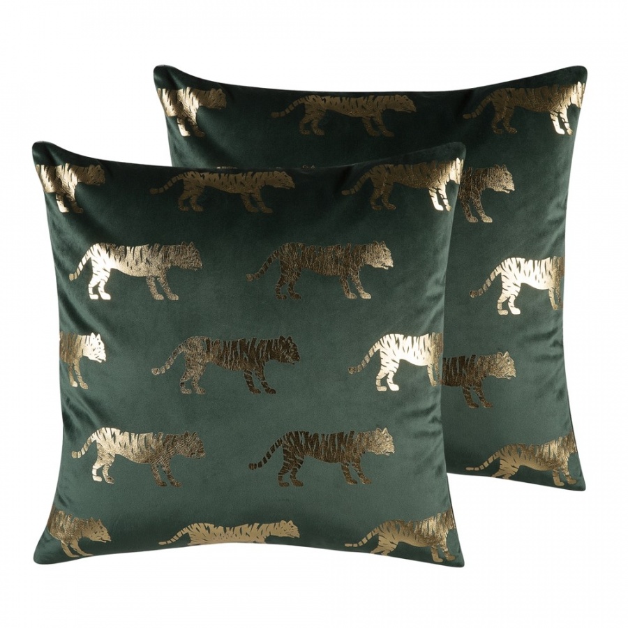 Zestaw 2 poduszek dekoracyjnych welurowy w tygrysy 45 x 45 cm zielony BLUEBELL