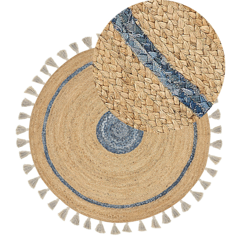 Dywan okrągły z juty ⌀ 140 cm beżowo-niebieski obakoy