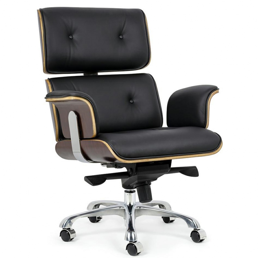 Fotel biurowy LOUNGE BUSINESS czarny - sklejka różana, skóra naturalna, stal polerowana