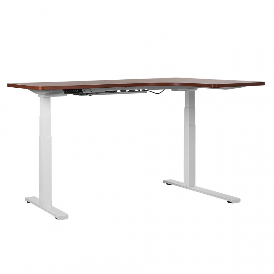 Biurko narożne prawe regulowane elektrycznie 160 x 110 cm ciemne drewno z białym DESTIN II