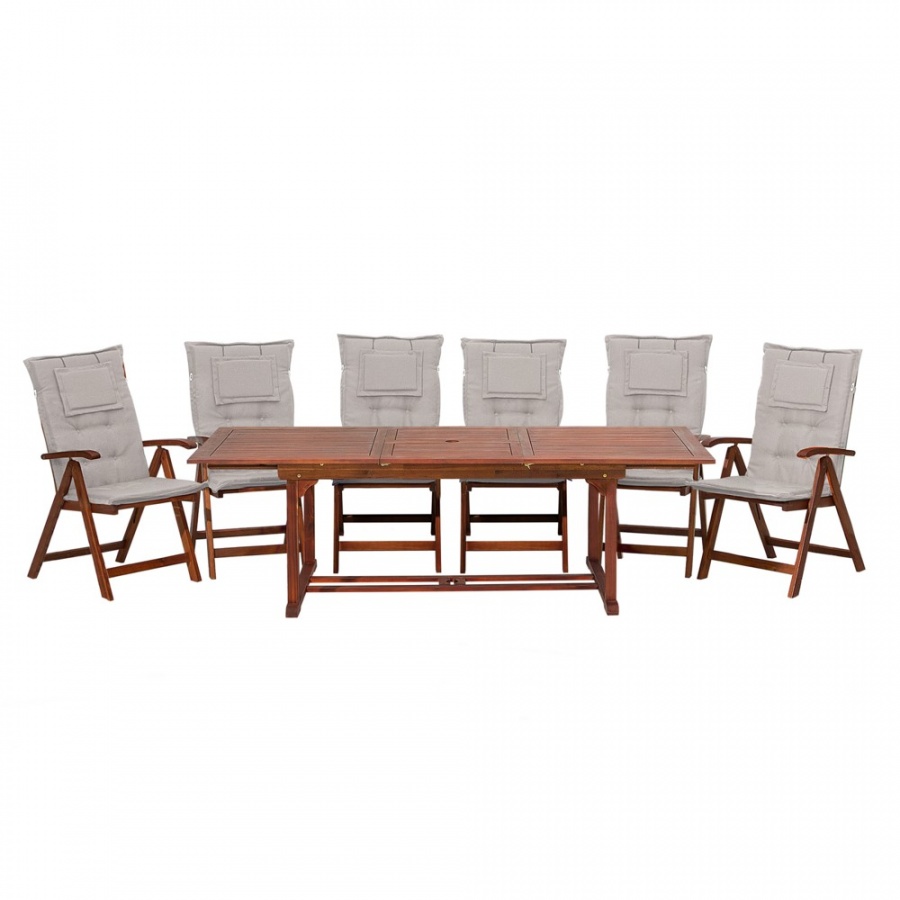 Zestaw ogrodowy drewniany stół i 6 krzeseł z poduszkami szarobeżowymi TOSCANA