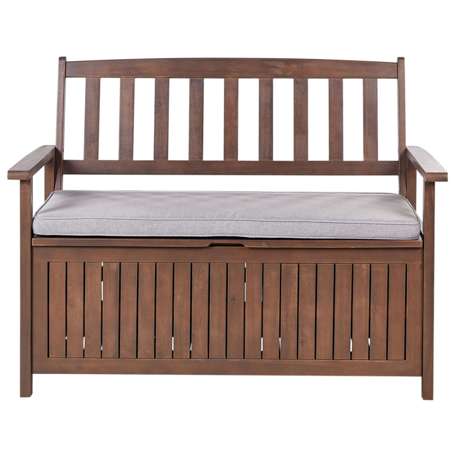 ławka ogrodowa z poduchą sovana z miejscem do przechowywania drewno akacjowe jasnoszary