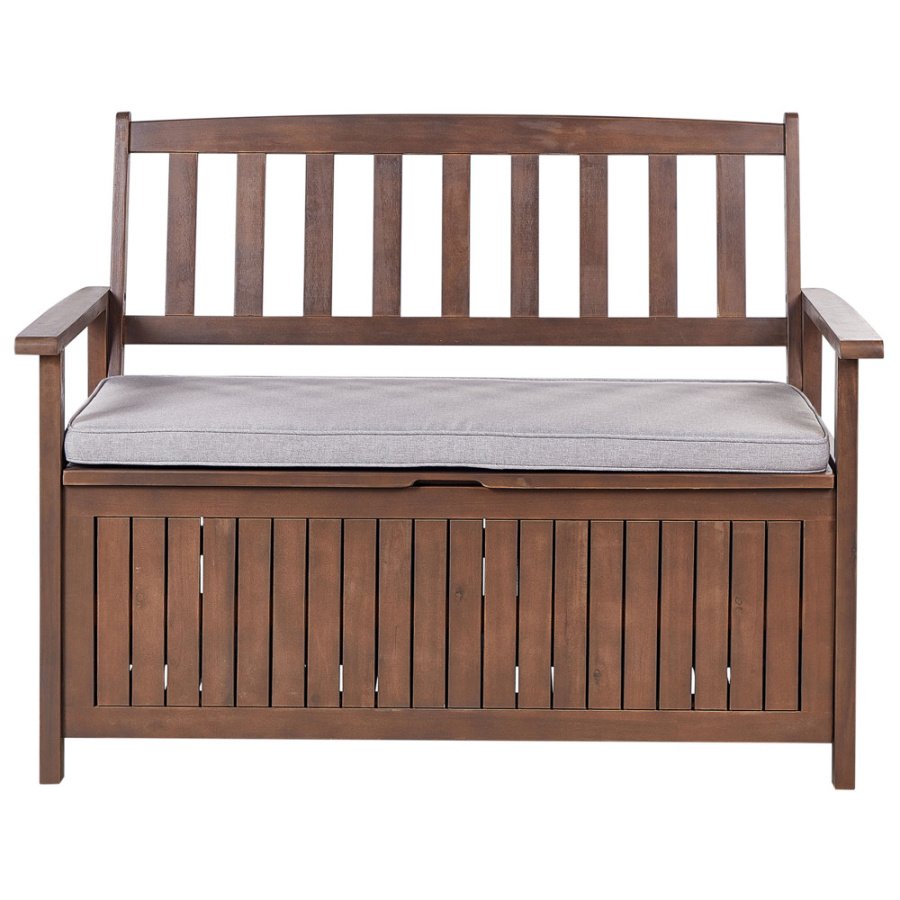 ławka ogrodowa z poduchą sovana z miejscem do przechowywania drewno akacjowe jasnoszary