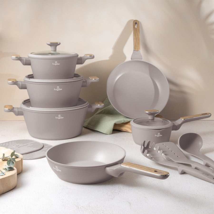 Zestaw 15 el. garnki, patelnie, akcesoria BerlingerHaus BH- 8344 Taupe Nordic