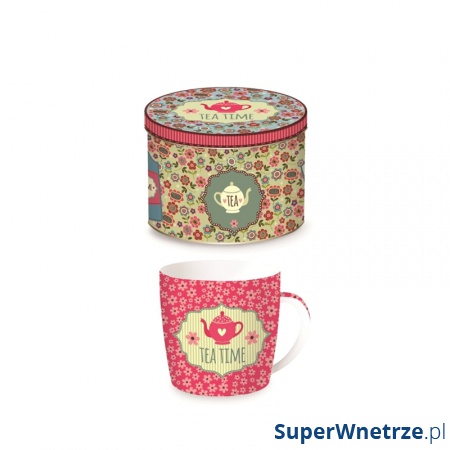 Porcelanowy kubek w blaszanym pudełku 350 ml Nuova R2S Happy Life różowy dzbanek