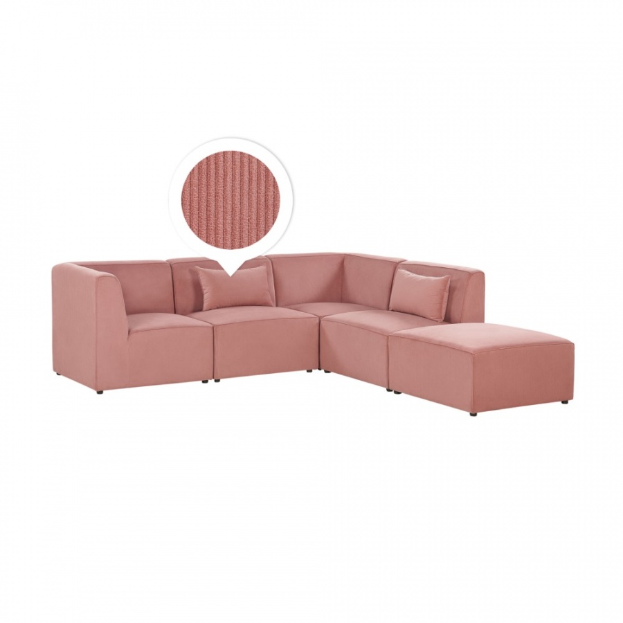 Narożnik modułowy 4-osobowy z otomaną sztruksowy lewostronny różowy LEMVIG
