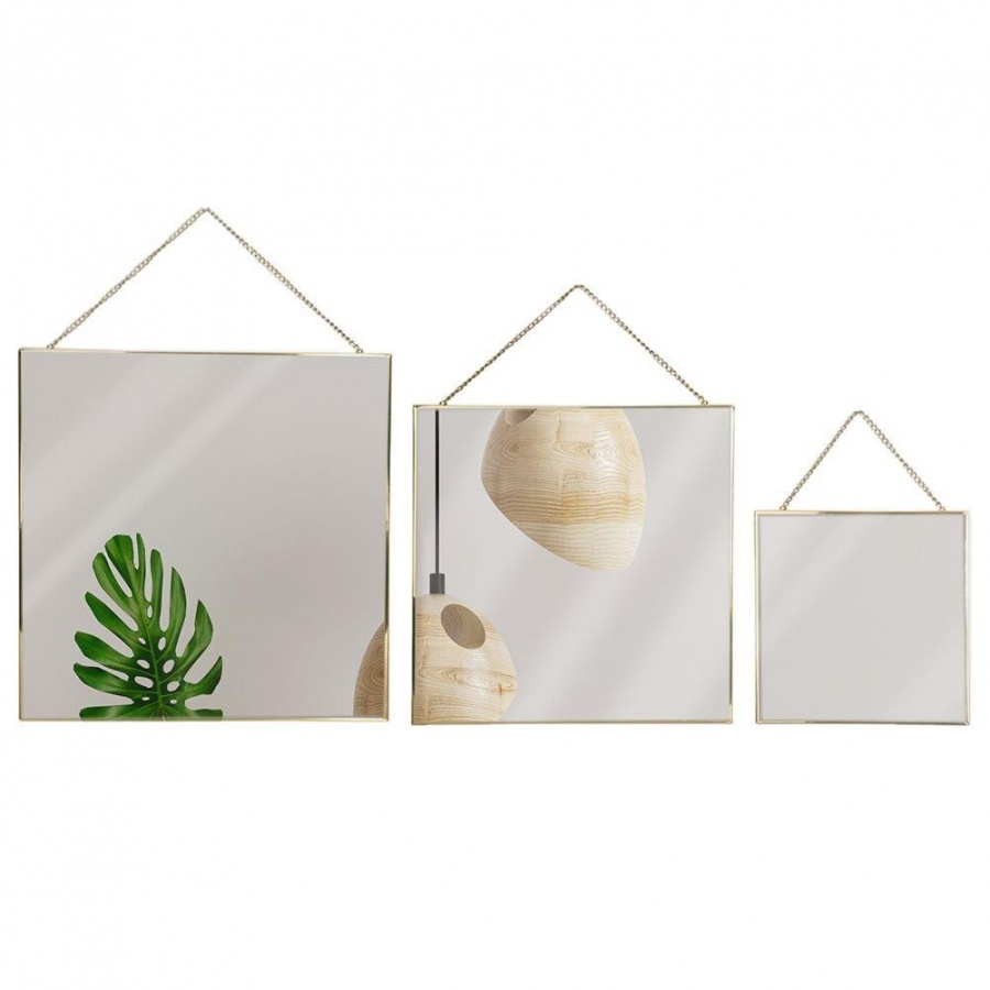 Kwadratowe lustro na łańcuszku w złotej metalowej ramie, złote, zestaw, komplet luster, 3 sztuki