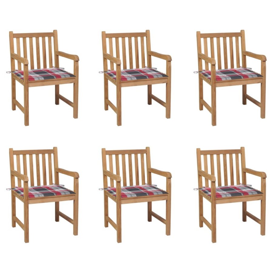 Krzesła ogrodowe, 6 szt., z poduszkami w czerwoną kratkę, tek