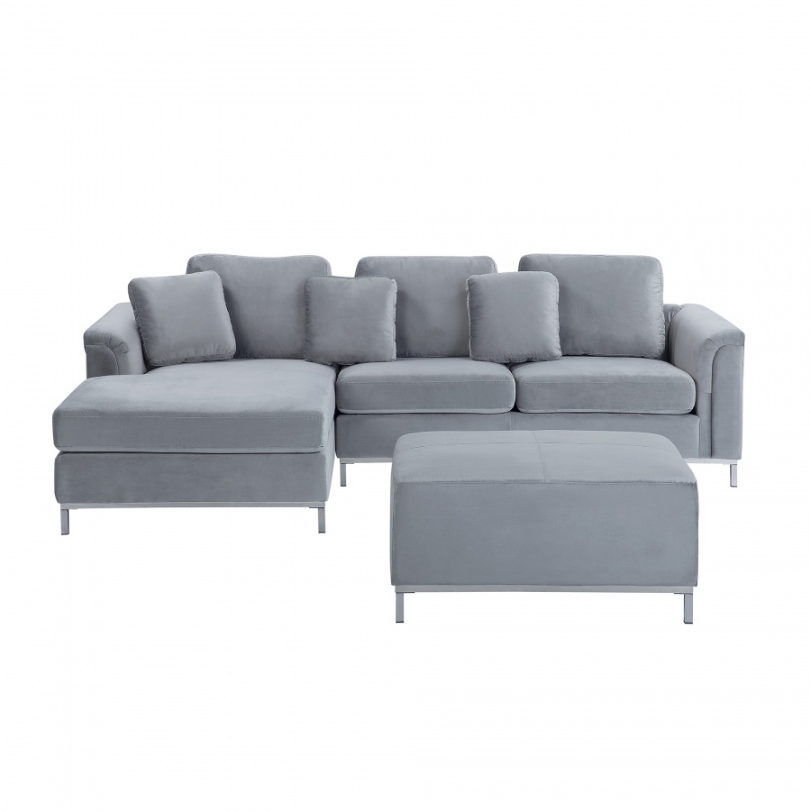 Sofa prawostronna welurowa z otomaną jasnoszara OSLO