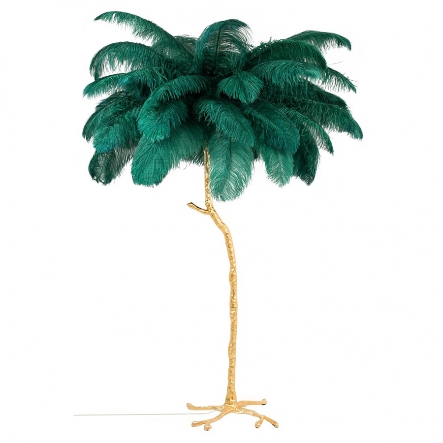 Lampa podłogowa tiffany 175 zielona mosiądz / naturalne pióra