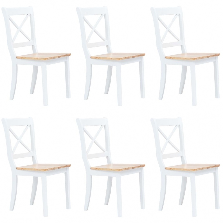 Krzesła stołowe, 6 szt., biel i jasny brąz, drewno kauczukowca