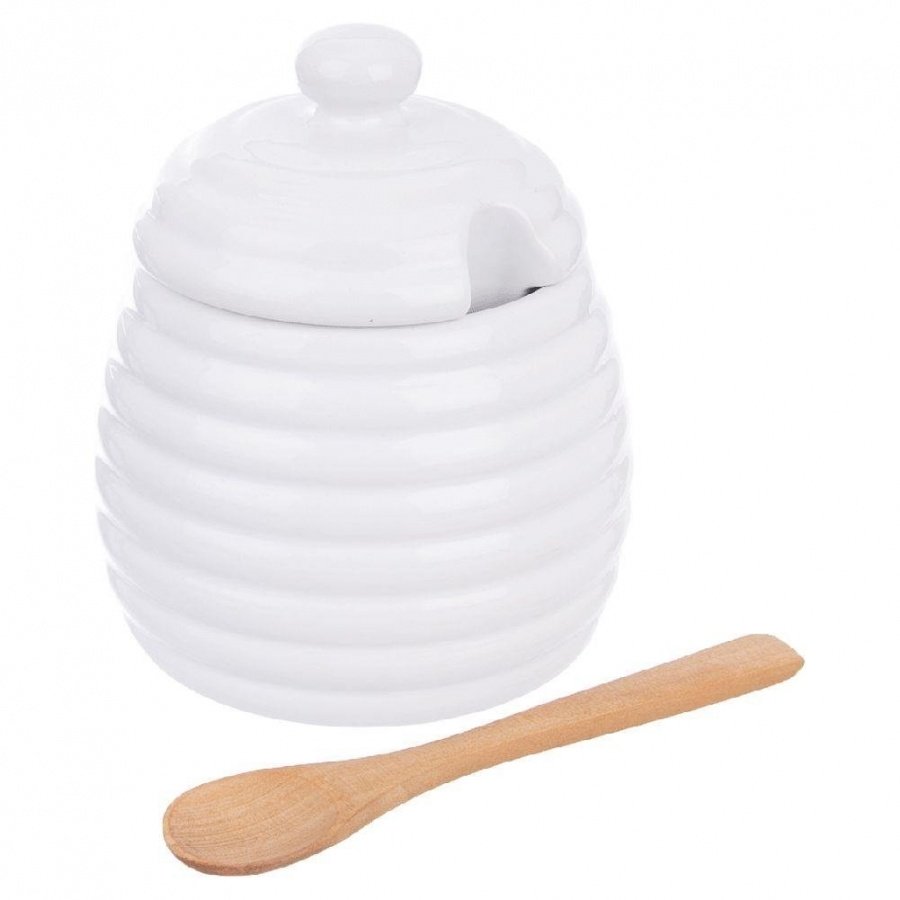 Pojemnik porcelanowy na miód, do miodu, z pokrywką i łyżeczką, 340 ml