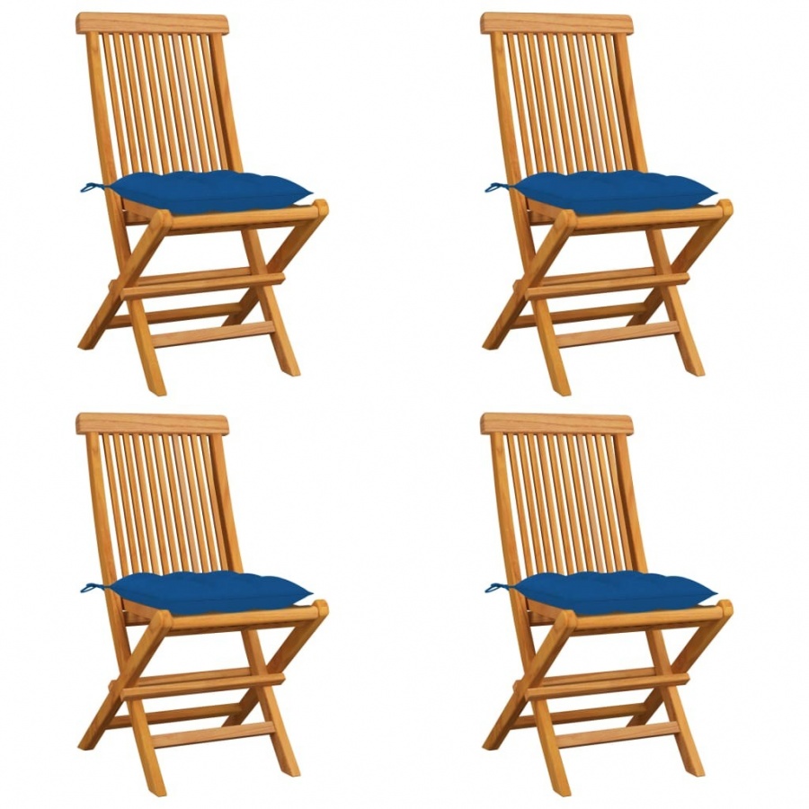 Krzesła ogrodowe, niebieskie poduszki, 4 szt., drewno tekowe