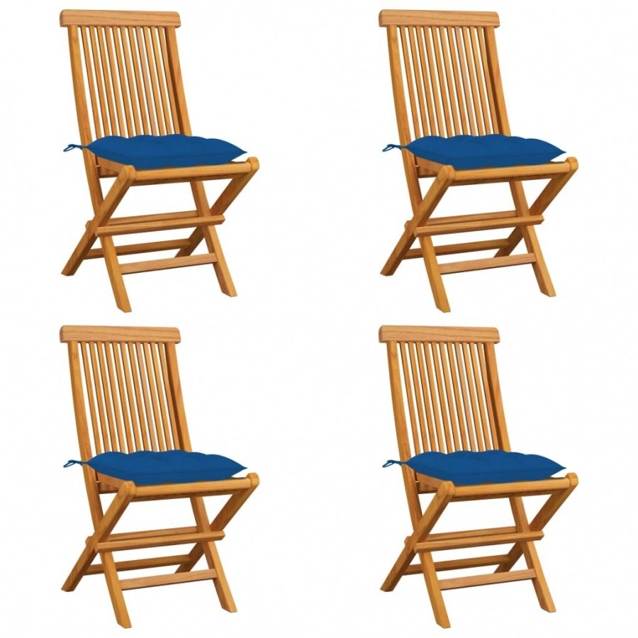 Krzesła ogrodowe, niebieskie poduszki, 4 szt., drewno tekowe