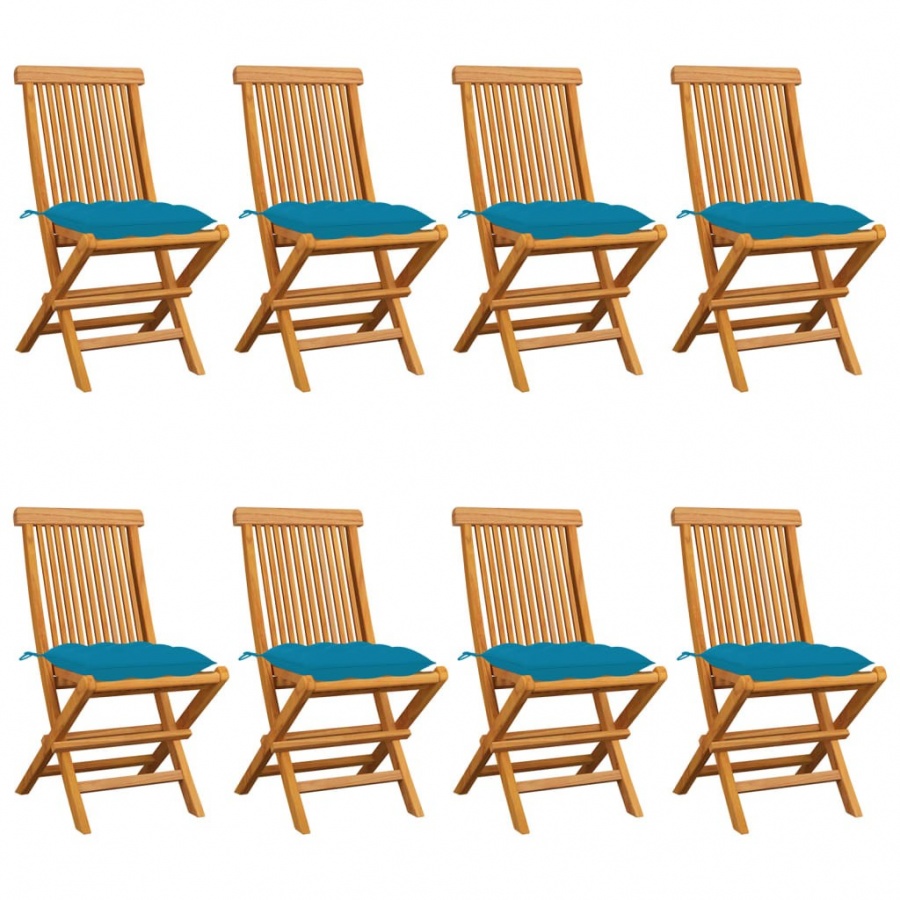 Krzesła ogrodowe z niebieskimi poduszkami, 8 szt., tekowe