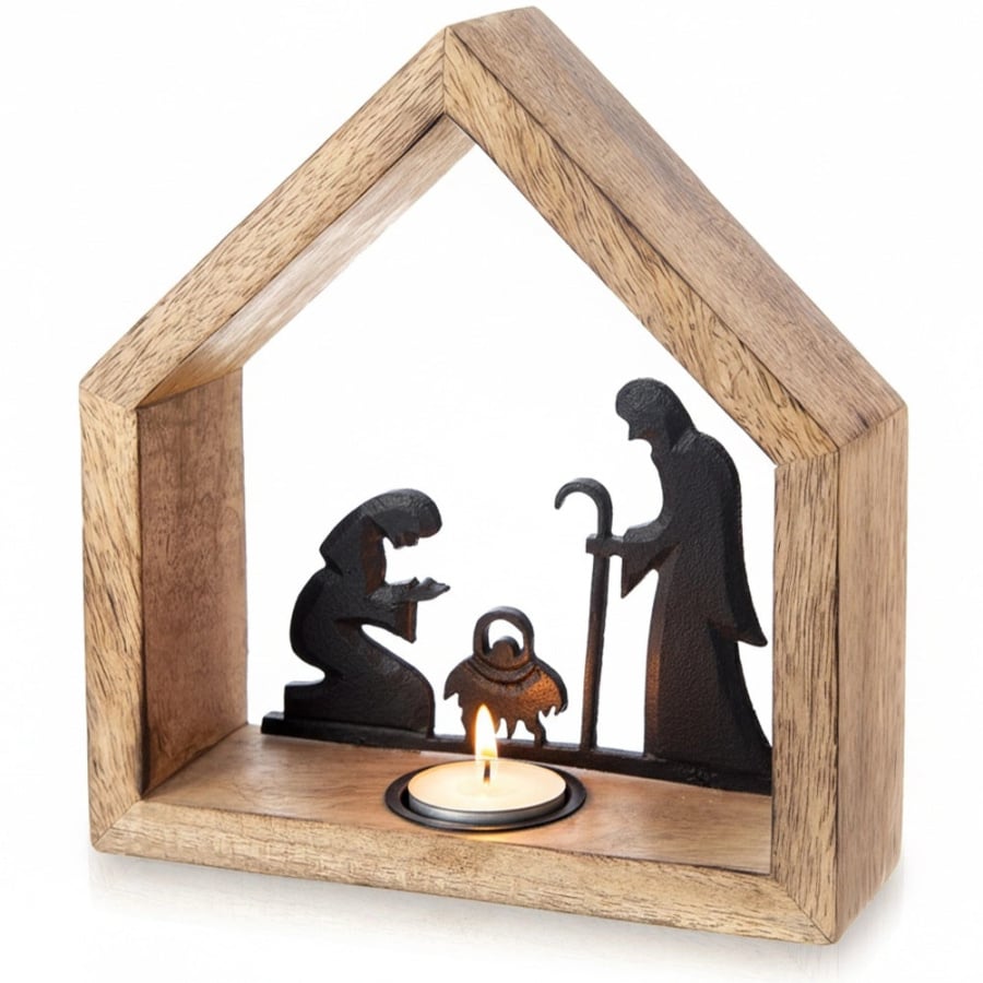 Świecznik drewniany na tealight Szopka Bożonarodzeniowa MANGO 20x6x22 cm