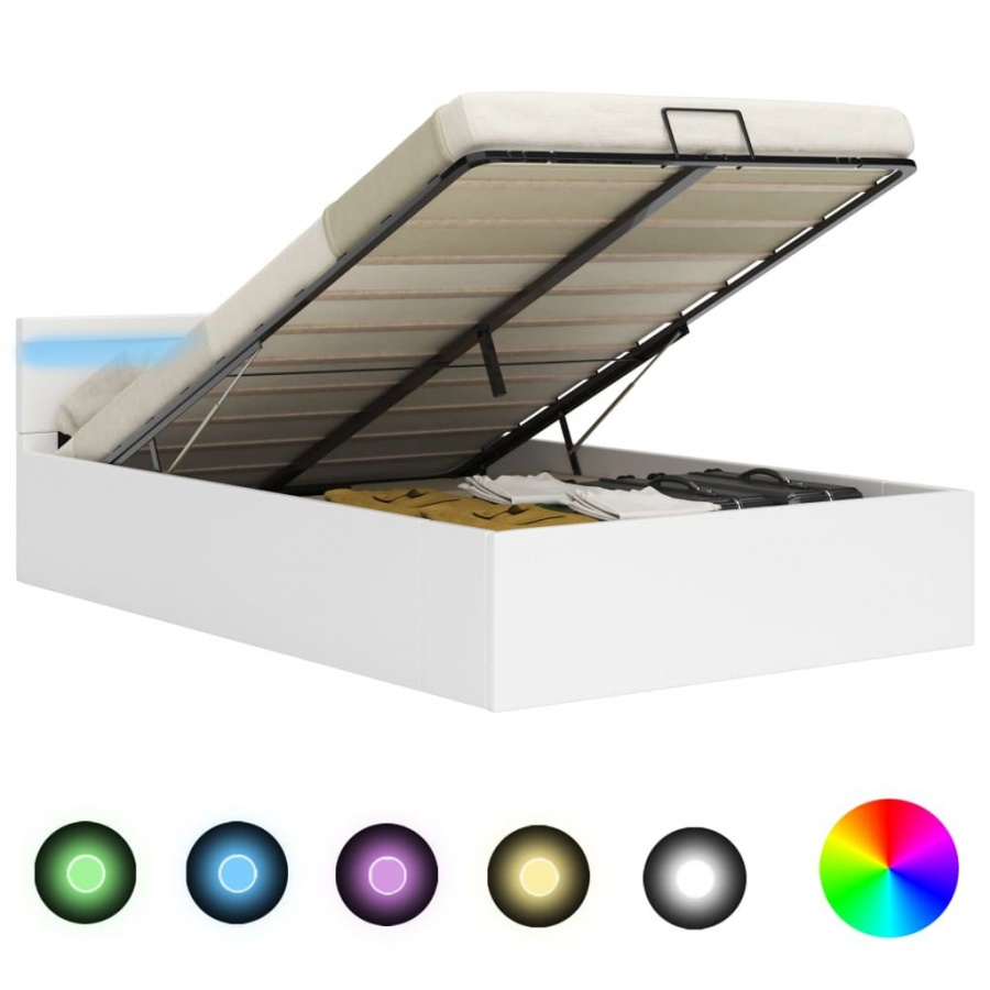 Rama łóżka z podnośnikiem i LED, biała, ekoskóra, 160 x 200 cm