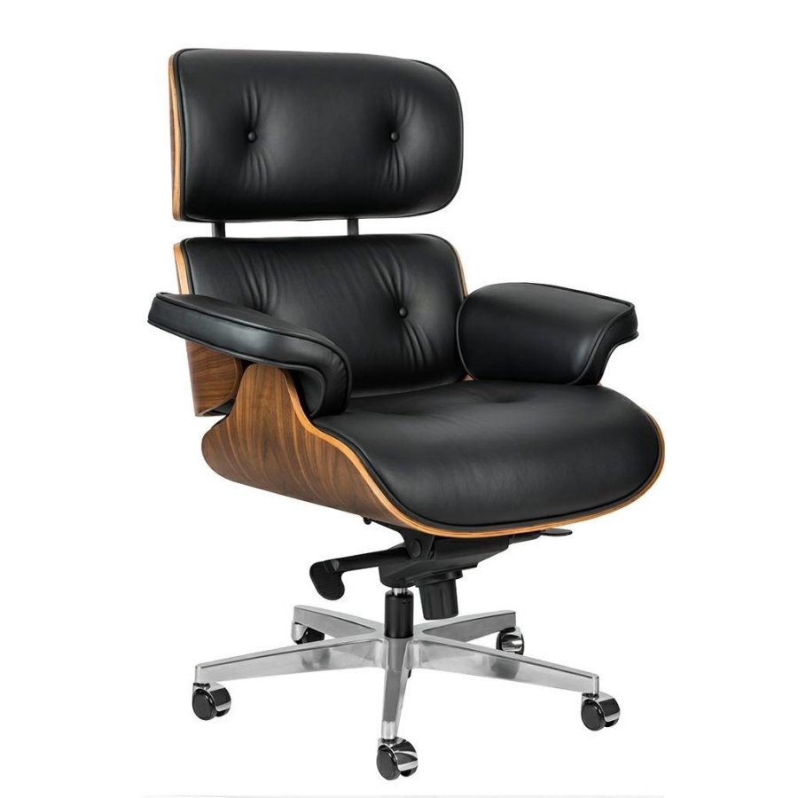 Fotel biurowy lounge gubernator big xl czarny - sklejka orzech, skóra naturalna, stal polerowana