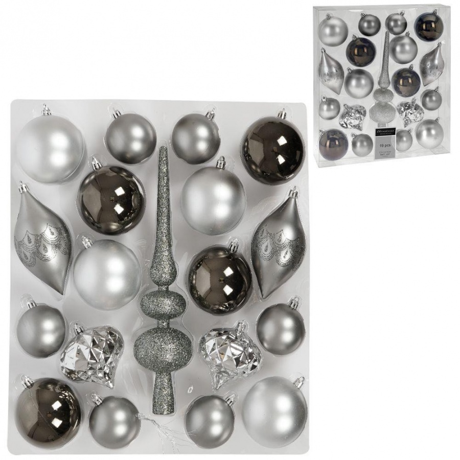 Zestaw bombek na choinkę bombki nietłukące choinkowe świąteczne srebrny szpic komplet 19 sztuk