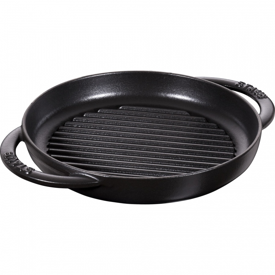 okrągła patelnia żeliwna grillowa z dwoma uchwytami 22 cm, czarny