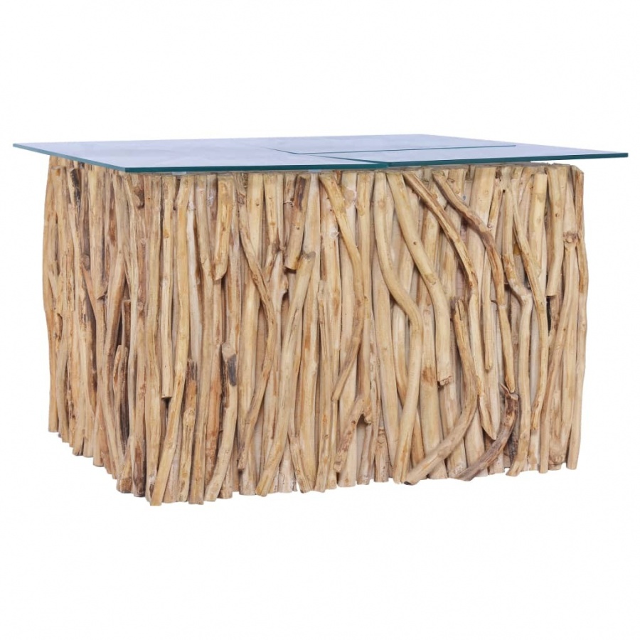 Stolik kawowy ze szklanym blatem, 66x66x40 cm, drewno tekowe