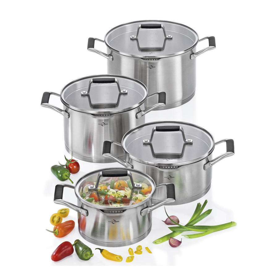 Zestaw stalowych garnków ze szklanymi pokrywami, 4 el.