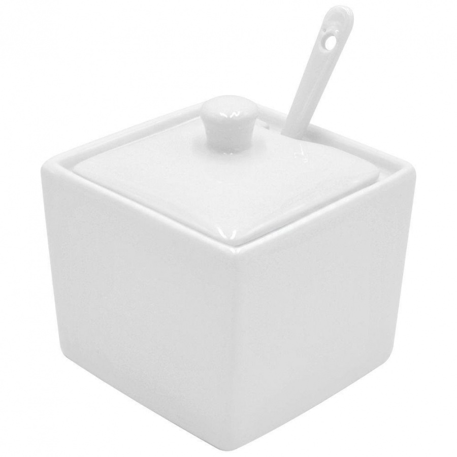 Cukiernica, cukierniczka porcelanowa, biała, kwadratowa, pojemnik na cukier z łyżeczką
