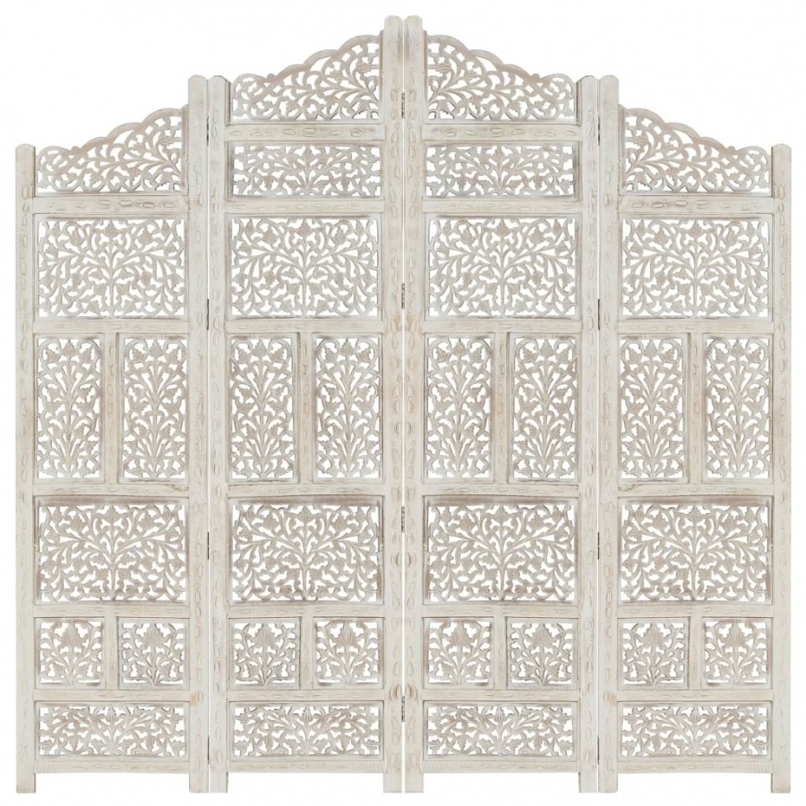 Parawan 4-panelowy, rzeźbiony, biały, 160x165 cm, drewno mango