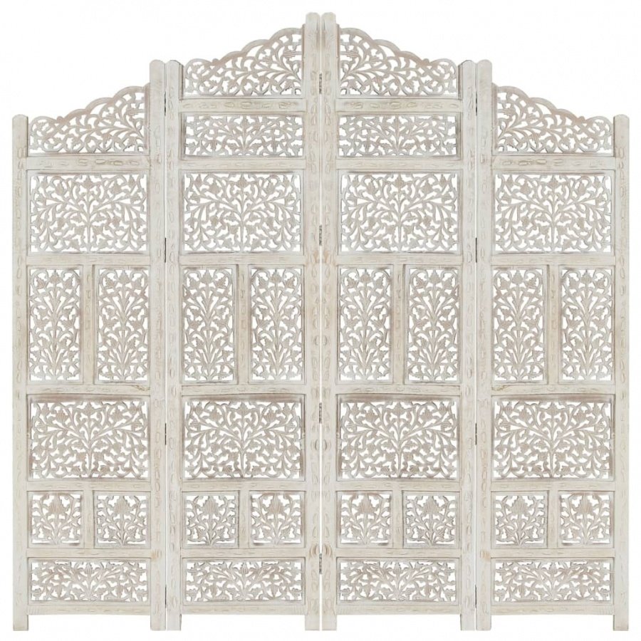 Parawan 4-panelowy, rzeźbiony, biały, 160x165 cm, drewno mango