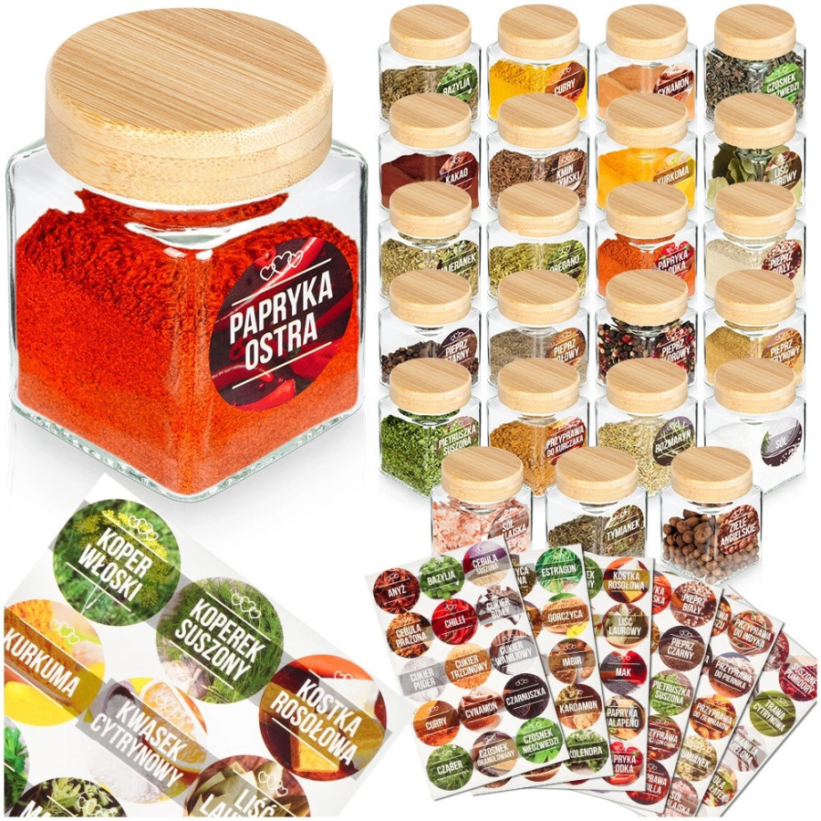 Pojemnik na przyprawy szklany 100 ml 24 szt. + 90 naklejek