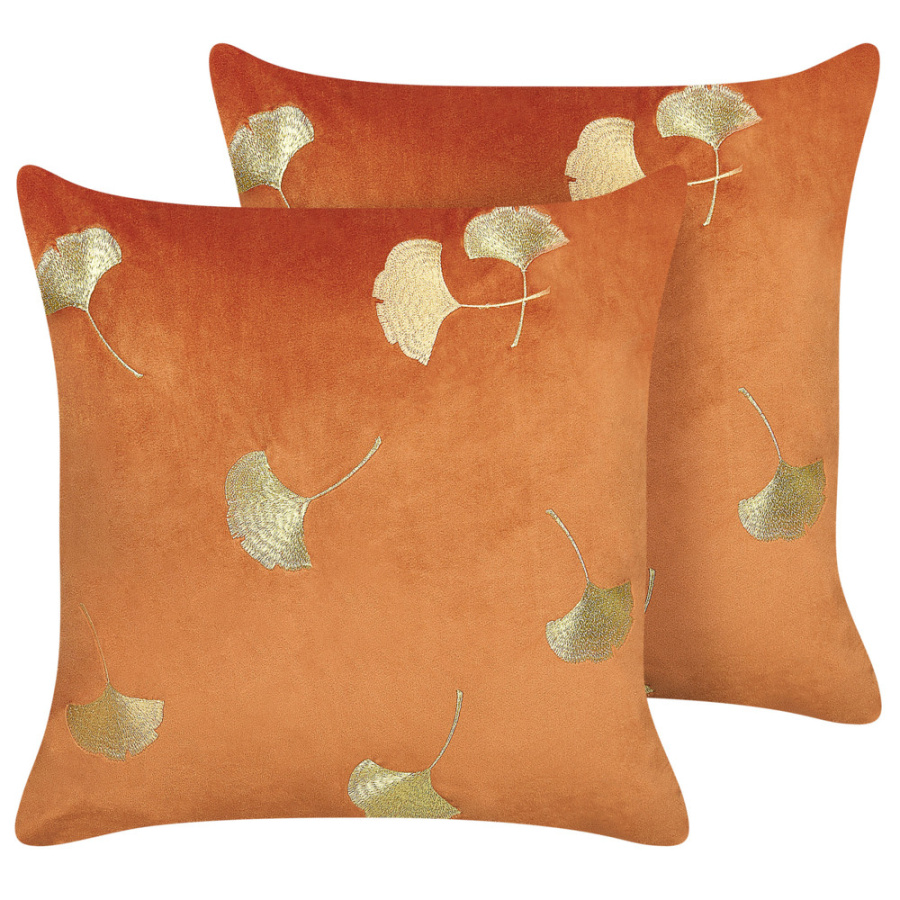 Zestaw 2 poduszek wzór roślinny tulip welur 45 x 45 cm pomarańczowy
