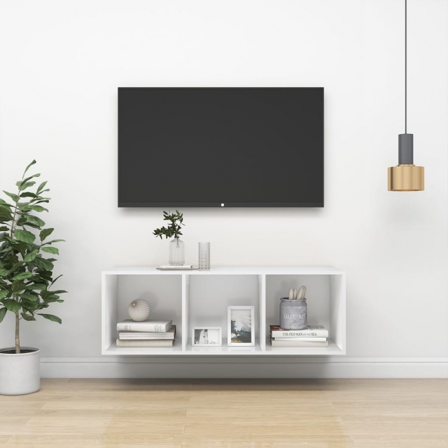 Wisząca szafka pod tv, biała, 37x37x107 cm, płyta wiórowa