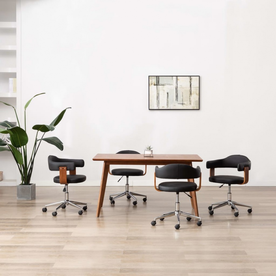 Krzesła obrotowe, 4 szt., czarne, gięte drewno i sztuczna skóra