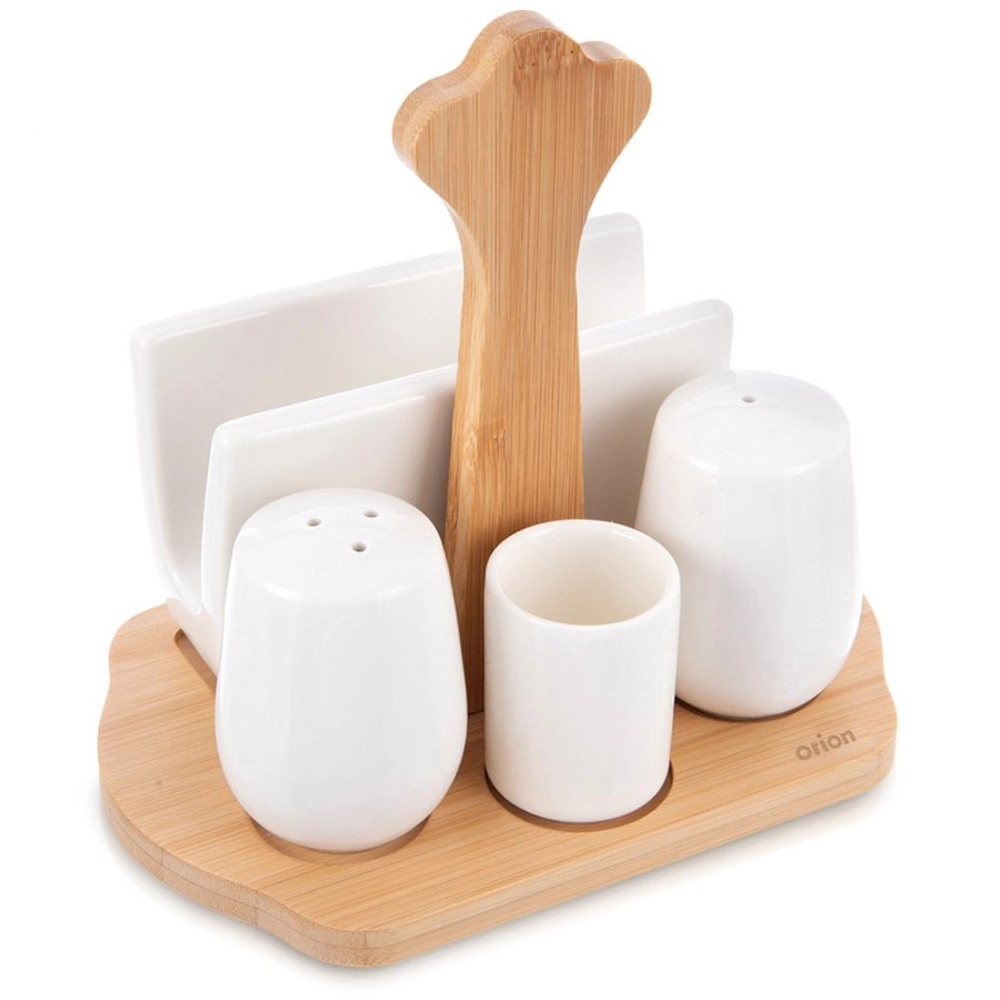 Solniczka i pieprzniczka porcelanowa ze stojakiem i serwetnikiem WHITELINE 5 el.