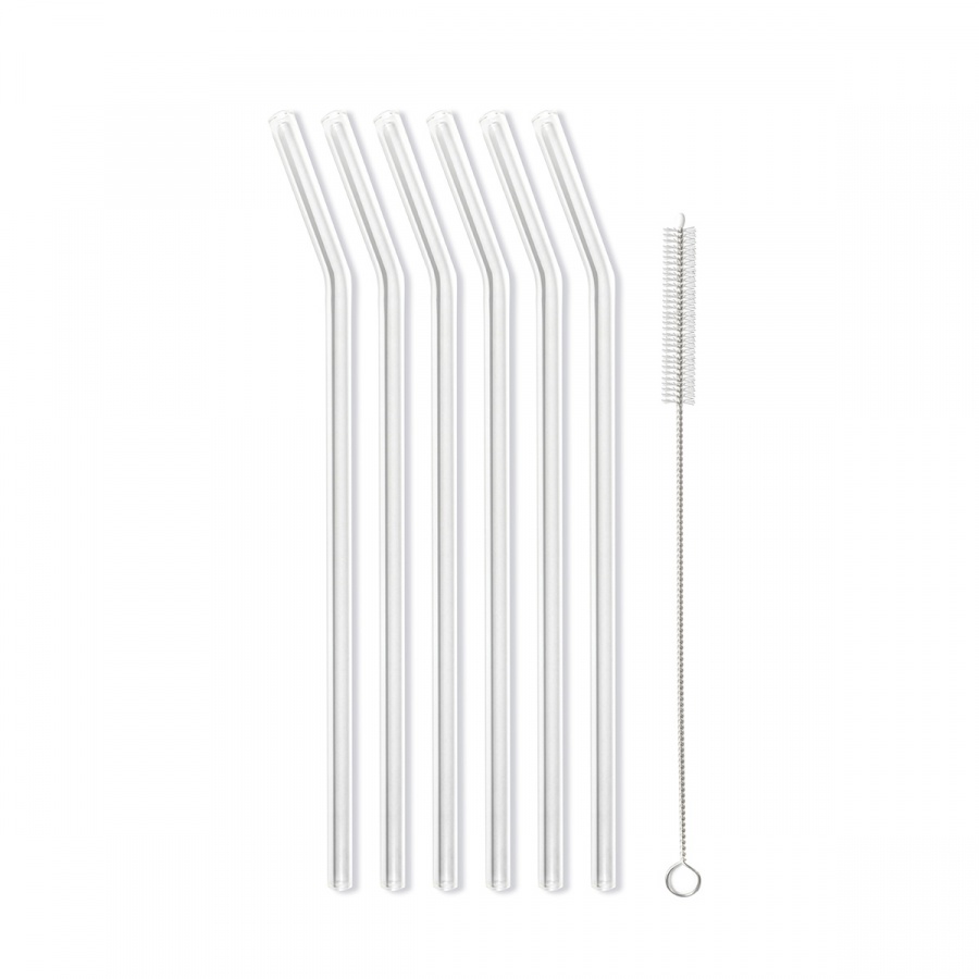 Słomki szklane transparent zakrzywione 23cm zestaw 6 sztuk ze szczoteczką 26629